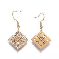 Gold Tone Stainless Steel Dangle Earrings Zirconia Rhombus 37.5mm A186