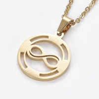 Stainless Steel Set Earring Pendant Necklace Flat Round Infinity Gold 18" P789