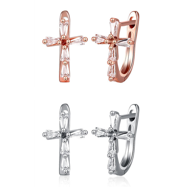 Rose Gold Platinum Plated Earrings AAA Zirconia Latch Back Cross .4" L274