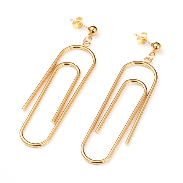 Stainless Steel Dangle Stud Earrings Ear Nuts Paper Clip Gold 75mm 0.8mm Z401