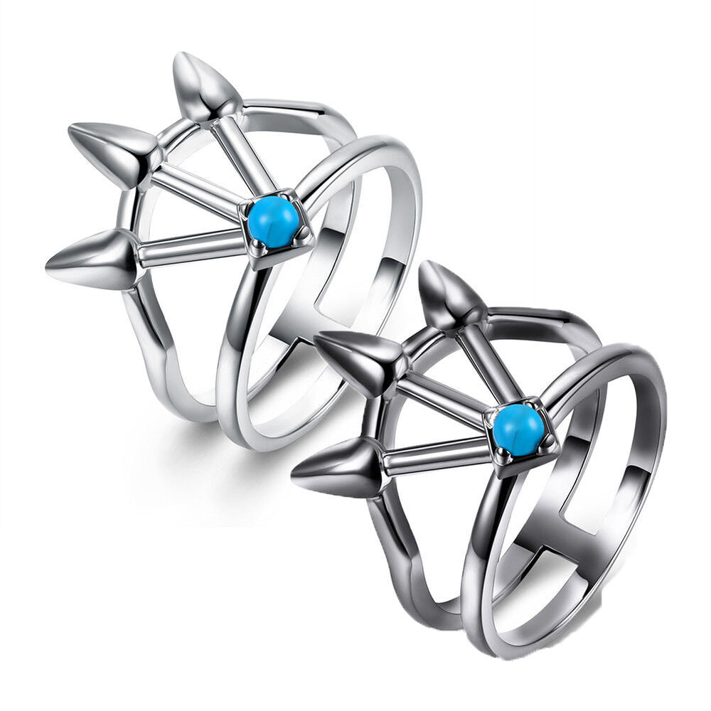 Platinum Black Gunmetal Plated Spikes Ring Womens Kallaite Stone Blue B503