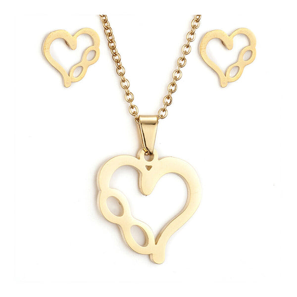 Stainless Steel Set Pendant Necklace Stud Earrings Heart Infinity Gold 17" A430