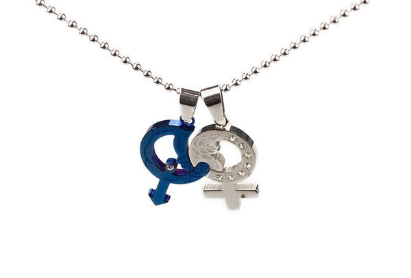 Stainless Steel Lovers Gender Zirconia Pendant Beads Necklace Silver Blue L175