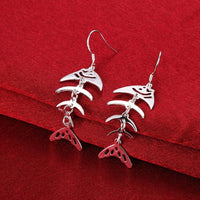 Sterling Silver Plated  Earrings Drop Dangle Fish Hook Fish Bones .68" L383