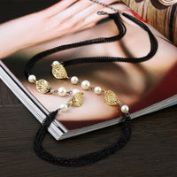 Soral Chain Yellow Gold Leafs Beads Pearls Necklace L66