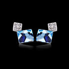 Platinum Plated Earrings  Stud AAA Zirconia Blue Push Back Clasp L681