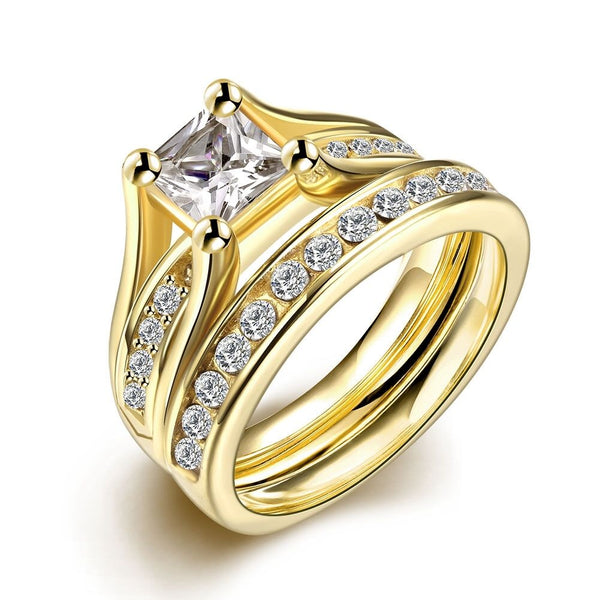 Stainless Steel Set Ring Yellow Gold AAA Zirconia Women B438