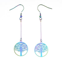 Stainless Steel Electroplated Dangle Earrings Tree of Life Purple 72mm P746