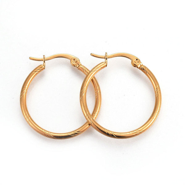 304 Stainless Steel Hoop Earrings Textured Gold 27.5x25.5x2mm P148