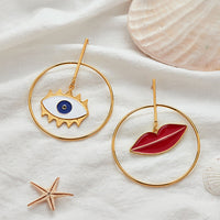 Ear Studs Set Dangle Earrings Asymmetrical Earrings Enamel Lip Eye Gold  P317