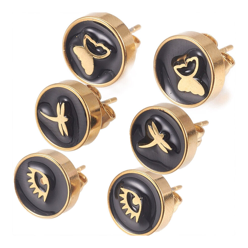 Gold Tone Stainless Steel Stud Earrings Enamel Round Butterfly Black A183