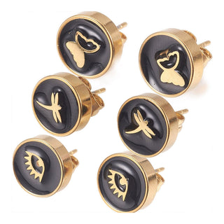Gold Tone Stainless Steel Stud Earrings Enamel Round Butterfly Black A183