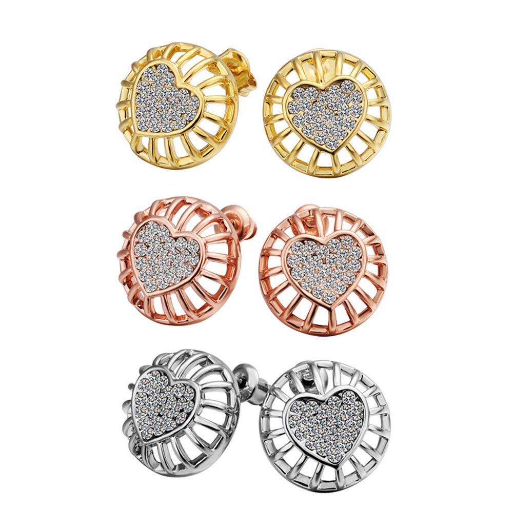 Rose Gold Platinum Plated Earrings Stud AAA Zirconia Push Back Heart .56" L272