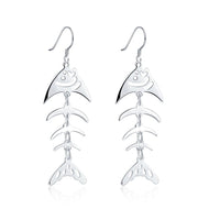 Sterling Silver Plated  Earrings Drop Dangle Fish Hook Fish Bones .68" L383