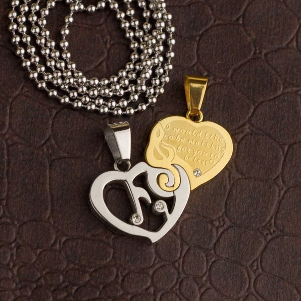 Stainless Steel Lovers Heart Zirconia Pendant Beads Necklace Silver Gold L177