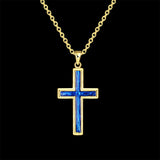 Yellow Gold Plated Necklace Women's Pendant Cross Blue Opal Lobster Clasp B180