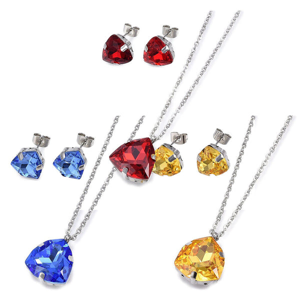 Stainless Steel Set Pendant Necklace Earrings Zirconia Drop Blue Red 18" P745