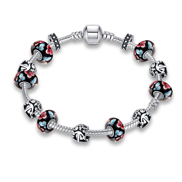 Sterling Silver European Beads Flowers Magnetic Bracelet 8 Inches 2.7MM L102