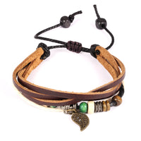 Genuine Leather Hemp Wood Bracelet Green Brown Luchy Charm Wood Alloy Beads G376