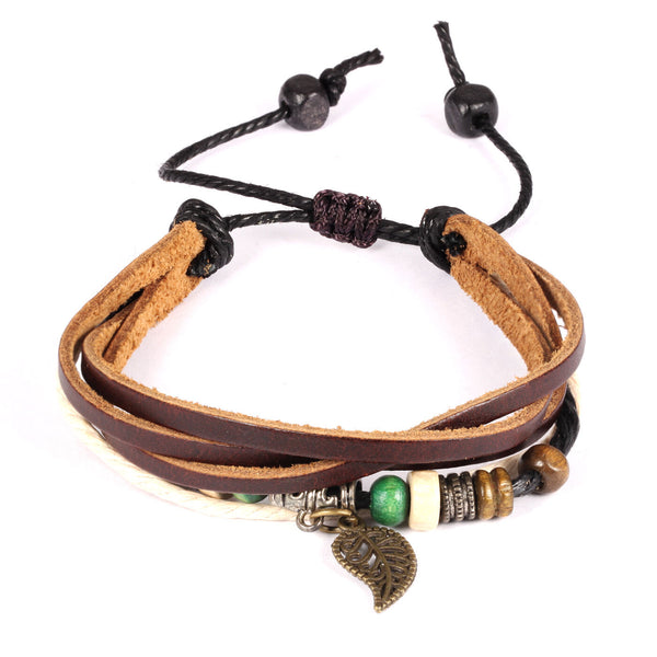 Genuine Leather Hemp Wood Bracelet Green Brown Luchy Charm Wood Alloy Beads G376