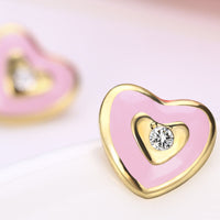 Gold Plated Earrings Heart Stud AAA Zirconia Pink Push Back Clasp L464