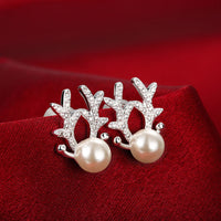 Sterling Silver Plated Earrings Reindeer Stud AAA Zirconia  Push Back Clasp L695