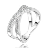 Sterling Silver Plated Zirconia Double Cross Band Ring Stone B45