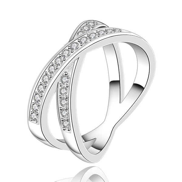 Sterling Silver Plated Zirconia Double Cross Band Ring Stone B45