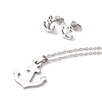 Stainless Steel Set Pendant Necklace Stud Earrings Lobster Anchor Silver 17 A467