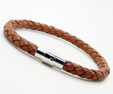 Men Women's Braided Leather Stainless Steel Magnetic Clasp Bracelet Brown 