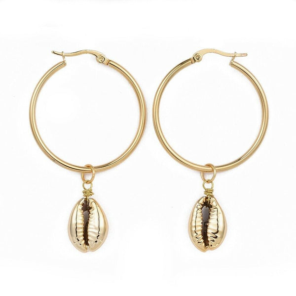 304 Stainless Steel Hoop Earrings Cowrie Shell Beads Gold 58~60mm Pin 1mm P363