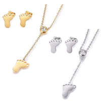 Stainless Steel Set Earrings Pendant Necklace Foot Feet Gold Silver 16.54" P732