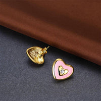 Gold Plated Earrings Heart Stud AAA Zirconia Pink Push Back Clasp L464