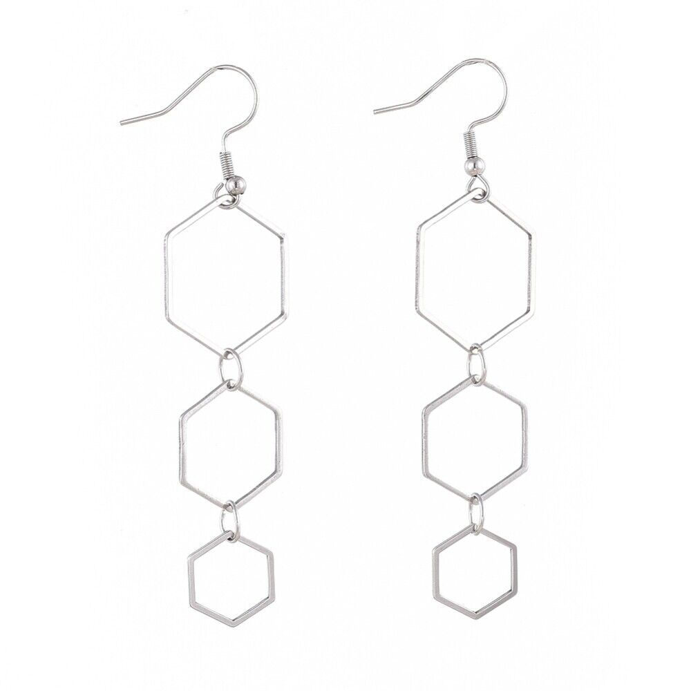Stainless Steel Dangle Earrings Linking Rings Hexagon Silver 78mm 0.6mm Z413