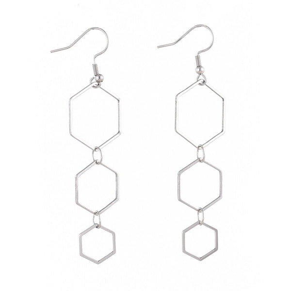 Stainless Steel Dangle Earrings Linking Rings Hexagon Silver 78mm 0.6mm Z413