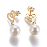 Stainless Steel Dangle Stud Earrings Pearl Heart Gold 28.5mm 0.8mm Z316