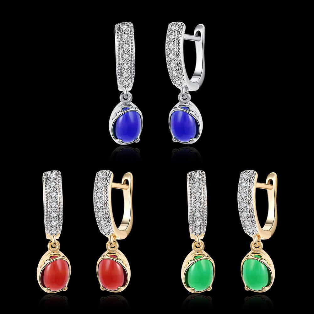 Platinum Plated Earrings Drop Dangle AAA Zirconia Blue Latch Back Clasp L591