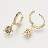 Cubic Zirconia Dangle Hoop Earrings Sea Turtle Colorful Gold 30mm Pin 1mm  P630