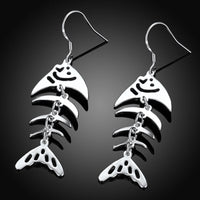 Sterling Silver Plated  Earrings Drop Dangle Fish Hook Fish Bones .68" L383