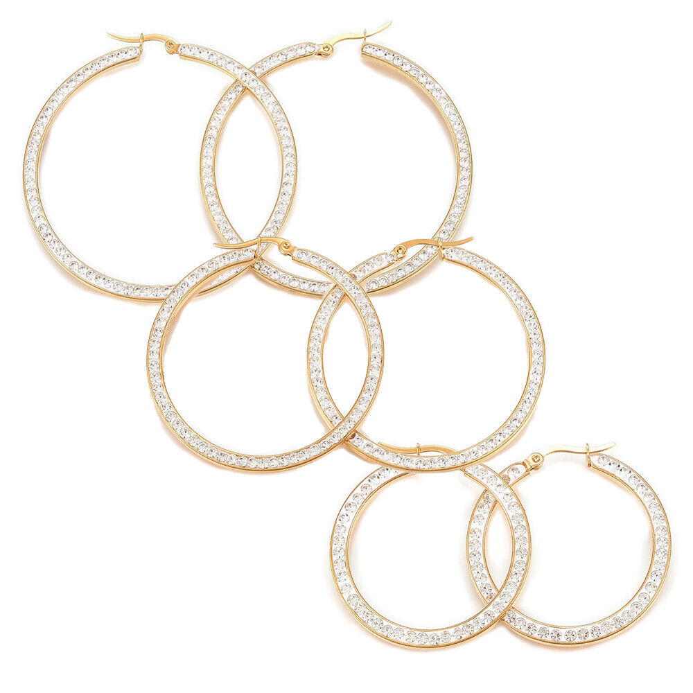 Stainless Steel Hoop Earrings Polymer Clay Rhinestone Gold 1.4" Up To 2.3" P595