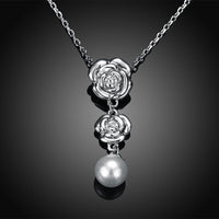 Platinum Plated Necklace Pendant Pearl Flower 20 Inches 1MM Lobster Clasp B154