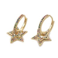 Brass Cubic Zirconia Dangle Hoop Earrings Star Colorful Gold 25mm Pin 1mm  P631