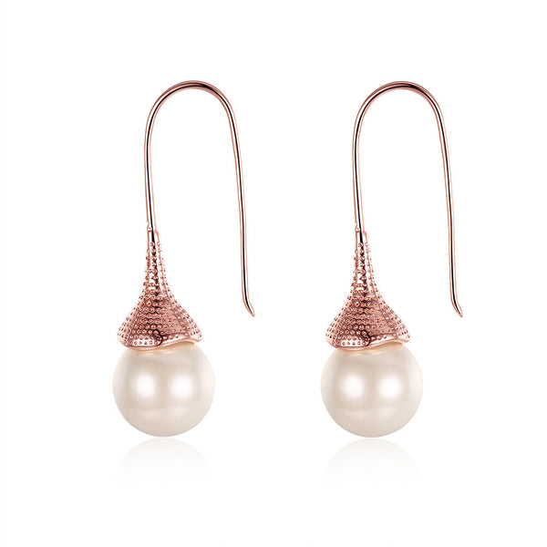 Rose Gold Plated  Earrings Threader Synthetic Pearl Fish Hook .48" L276