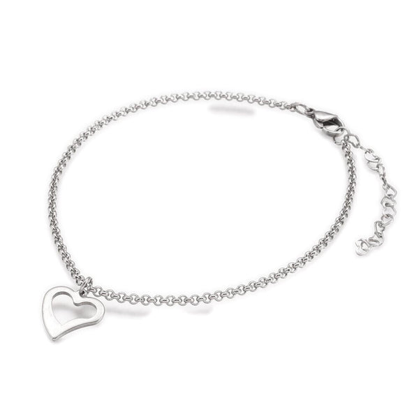 Stainless Steel Anklet Bracelet Heart Charm Rolo Silver 9" 23.2cm 2mm Z225