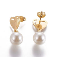 Stainless Steel Dangle Stud Earrings Pearl Heart Gold 26.5mm 0.8mm Z317