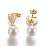 Stainless Steel Dangle Stud Earrings Pearl Heart Gold 26.5mm 0.8mm Z317