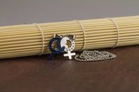 Stainless Steel Lovers Gender Zirconia Pendant Beads Necklace Silver Blue L175
