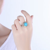 Platinum Plated Halo Statement Fashion Ring Womens Kallaite Stone Blue B498