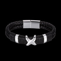 Stainless Steel Leather Bracelet  Skull Silver 7.5 Inches 17.2MM Magnetic  L343