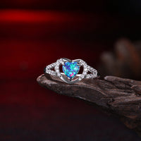 Platinum Plated Ring Womens Halo Heart AAA Zirconia Opal Stone Blue B516